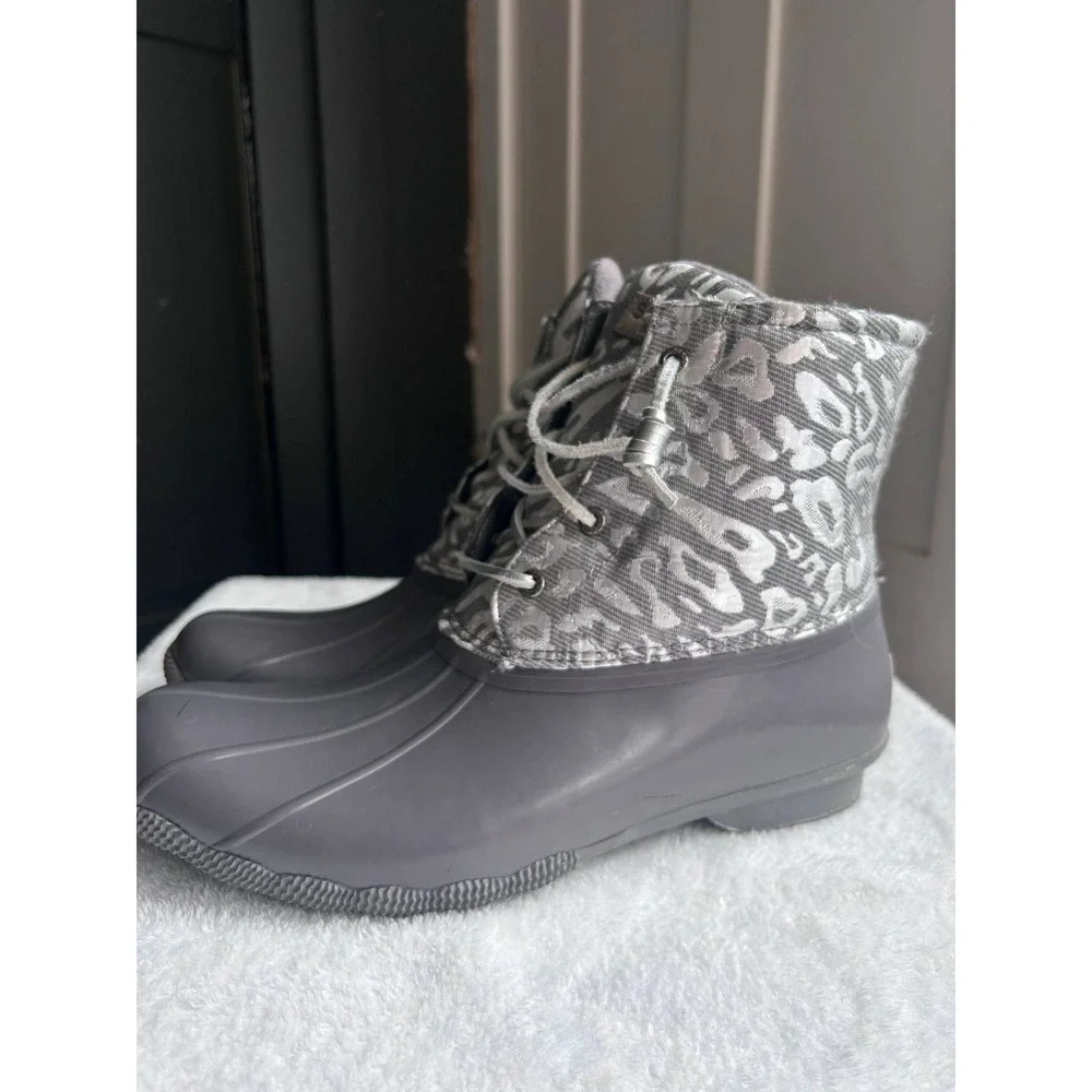 Sperry Saltwater Duck Boots Womens 12 Grey Metallic Leopard Excellent Waterproof
